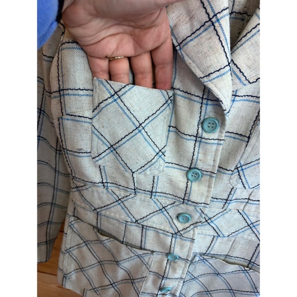 Vintage Plaid Linen Blazer Blue White Windowpane Check Tailored Jacket Handmade - Picture 5 of 11